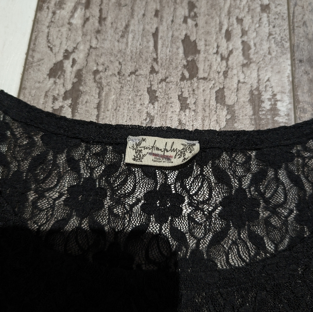 Free People xs Keep it Simple Lace Baby Tee Short Slv Sheer black‎ Ruched Top - Picture 3 of 5